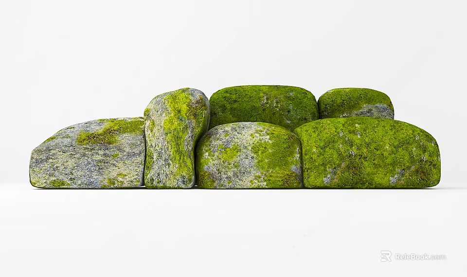 Lush Green Moss Covered Stones Arranged In Natural Formation For Garden Decor 3d model 