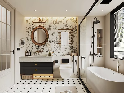Elegant Modern Bathroom Interior With Floral Wallpaper Round Mirror Vanity And Bathtub 3d model