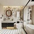 Elegant Modern Bathroom Interior With Floral Wallpaper Round Mirror Vanity And Bathtub