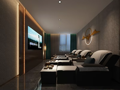 Modern SPA Sauna Interior Design With Reclining Loungers TV Display And Soft Lighting 3d model
