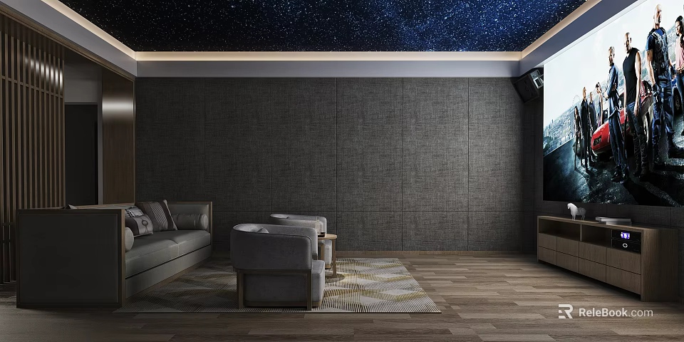 Home Theater With Starry Ceiling Comfortable Sofas And Large TV 3d model 