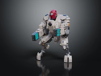 Standing Robot Character Featuring Red Head Gray Body Blue Black Details Mechanical Arms Legs 3d model