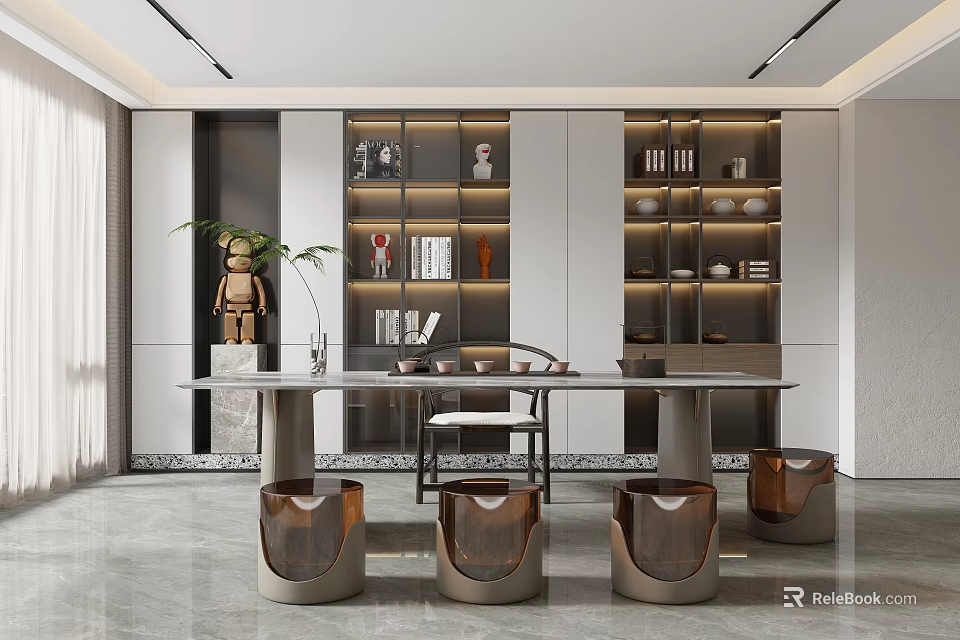Modern Tea Room Interior Design With Long Table Cabinets Tea Sets Green Plants And Stools 3d model 