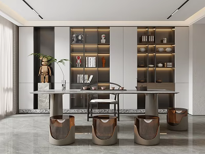 Modern Tea Room Interior Design With Long Table Cabinets Tea Sets Green Plants And Stools 3d model