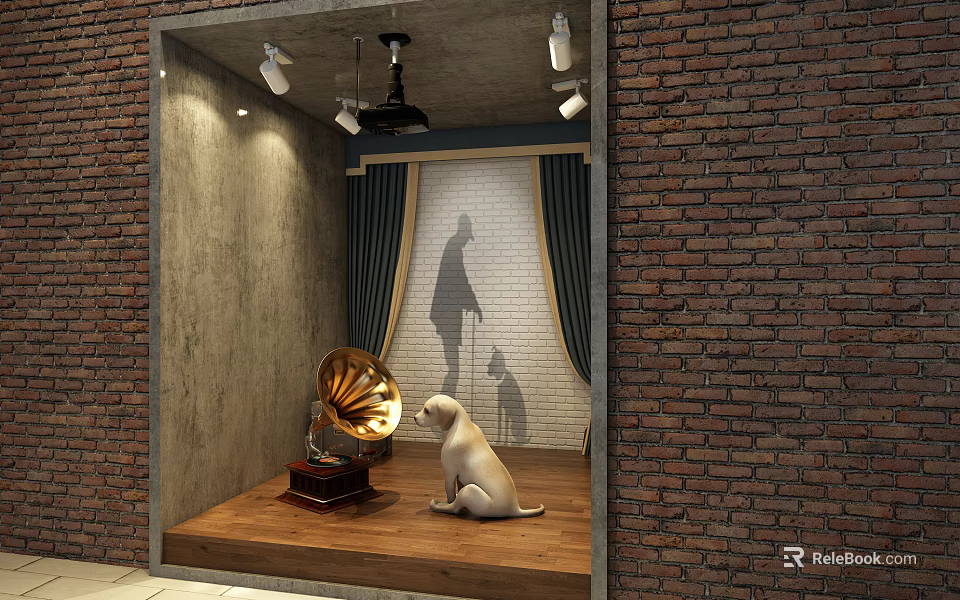 Vintage Shop Window Display Featuring Gramophone White Dog Silhouettes Curtains And Lighting 3d model 