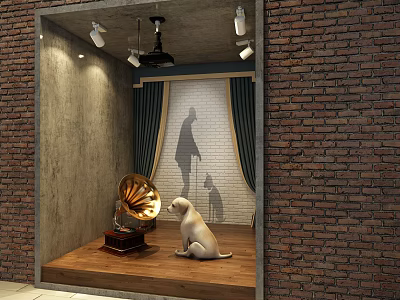 Vintage Shop Window Display Featuring Gramophone White Dog Silhouettes Curtains And Lighting 3d model