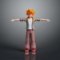 3D Character With Orange Spiky Hair Gray Jacket White Shirt Red Shoes Arms Outstretched