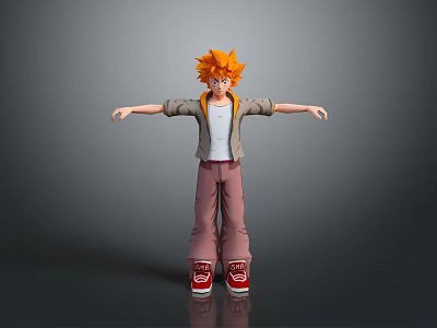 3D Character With Orange Spiky Hair Gray Jacket White Shirt Red Shoes Arms Outstretched 3d model