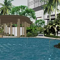 Modern Outdoor Pergola by Swimming Pool with Palm Trees Green Plants and Modern Building