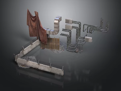 Industrial Scene Components With Metal Pipes Fabric Drape And Concrete Structure 3d model