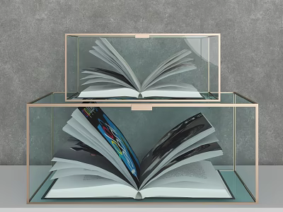 Elegant Decorative Ornament Set with Transparent Glass Display Cases and Open Books on Gray Tabletop 3d model
