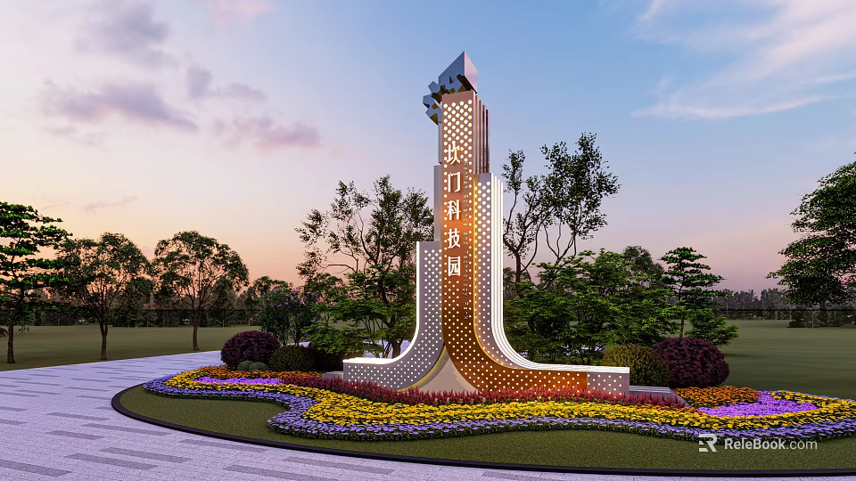 Xinghewan One Spiritual Fortress Tall Illuminated Structure Surrounded By Green Plants And Flowers 3d model 
