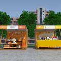 Colorful Outdoor Stalls With Orange And Yellow Canopies Near Trees And Buildings