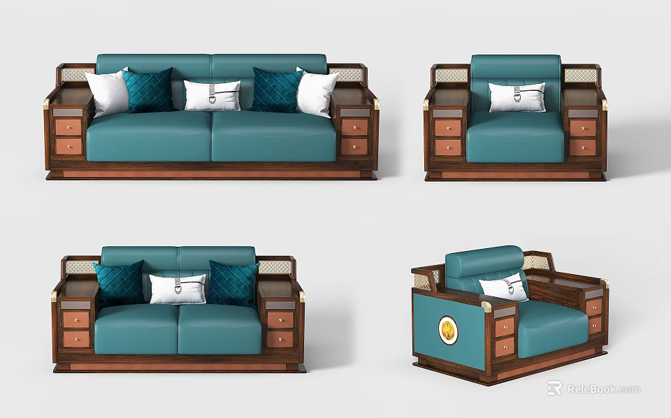 Luxury Blue Sofa Set With Wooden Frame And Storage Drawers 3d model