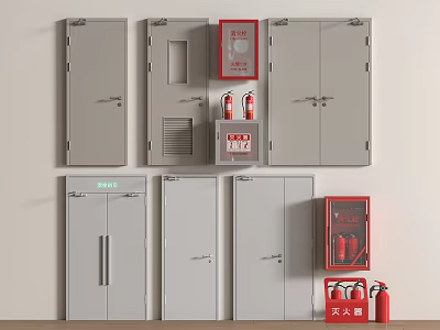 Fire Safety Equipment With Grey Cabinets Red Extinguishers And Emergency Devices 3d model