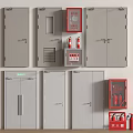 Fire Safety Equipment With Grey Cabinets Red Extinguishers And Emergency Devices