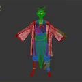 Woman In Traditional Outfit With Pink Red Sleeves Floral Patterns Waist Decoration Green Pants Barefoot