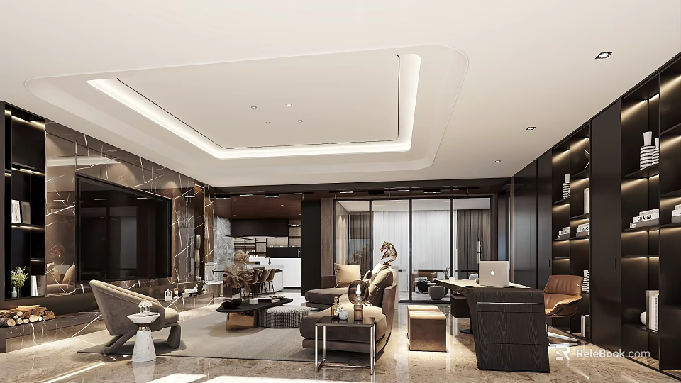 Elegant Modern Living And Dining Room Interior With Marble Sofa Coffee Table And Lighting 3d model 