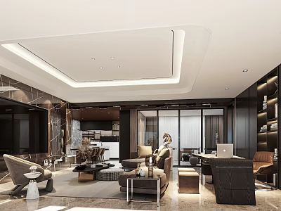 Elegant Modern Living And Dining Room Interior With Marble Sofa Coffee Table And Lighting 3d model