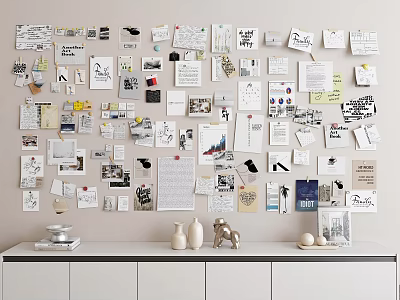 Creative Collage Wall With Notes Photos Sketches And White Cabinet Decor 3d model