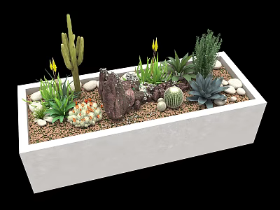 Mixed Succulent Plants In White Rectangular Planter With Cactus Small Stones And Yellow Flowers 3d model