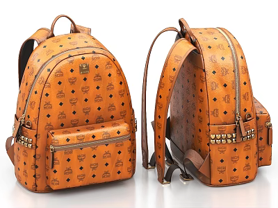 Orange Leather Backpack with Black Monogram Pattern Studs and Zipper Pockets Front Back View 3d model