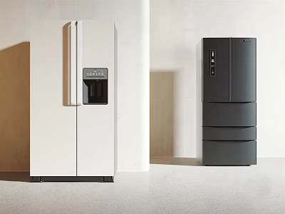Modern White Double Door And Black Multi Door Refrigerators With Sleek Design In Minimalist Space 3d model