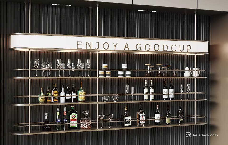 Elegant Modern Liquor Shelf Adorned With Wine Bottles And Glasses 3d model 