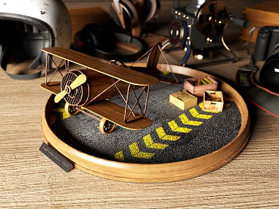 Decorative Ornament Set with Wooden Airplane Model on Round Wooden Tray and Yellow Arrow Pattern 3d model
