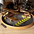 Decorative Ornament Set with Wooden Airplane Model on Round Wooden Tray and Yellow Arrow Pattern