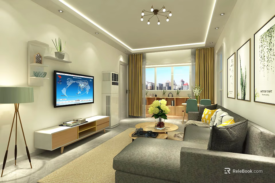 Modern Living Room Interior With Gray Sofa TV Stand Floor Lamp And Window Curtains 3d model 