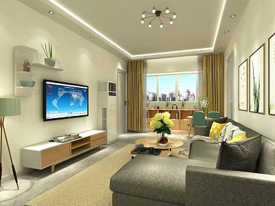 Modern Living Room Interior With Gray Sofa TV Stand Floor Lamp And Window Curtains 3d model