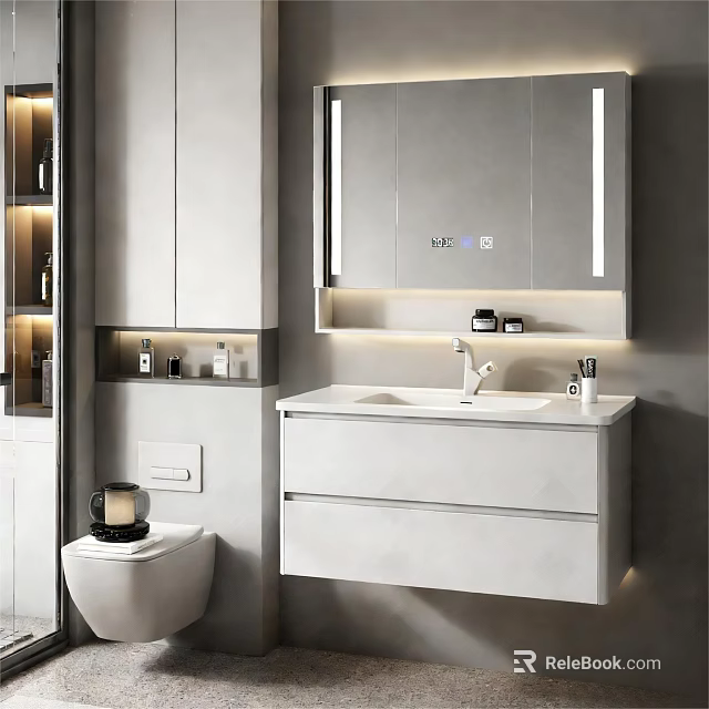 Modern White Wall Mounted Bathroom Vanity With LED Mirror Drawers And Storage 3d model 
