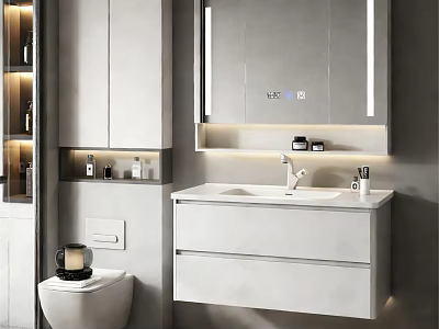 Modern White Wall Mounted Bathroom Vanity With LED Mirror Drawers And Storage 3d model