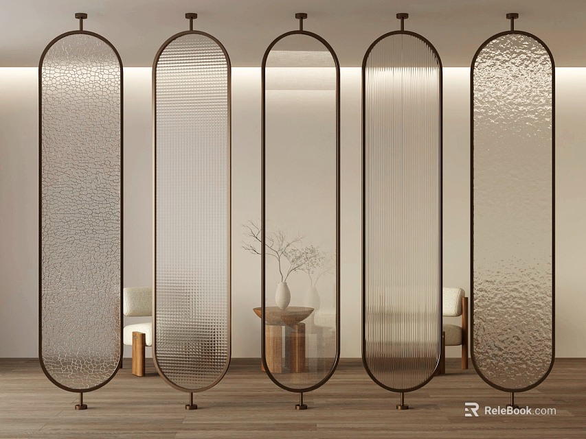 Modern Metal Framed Glass Room Dividers With Various Textured Panels In Minimalist Interior 3d model 
