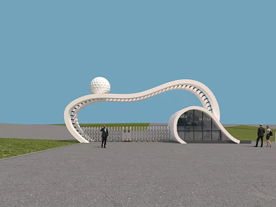 Modern Curved Entrance Gate With White Sphere Green Grassland And People Walking 3d model