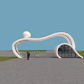 Modern Curved Entrance Gate With White Sphere Green Grassland And People Walking