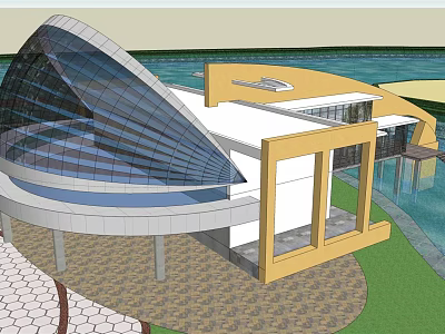 Modern Architectural Design With Curved Glass Roof Yellow Structure Waterfront Green Lawn And Tiled Ground 3d model