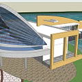 Modern Architectural Design With Curved Glass Roof Yellow Structure Waterfront Green Lawn And Tiled Ground