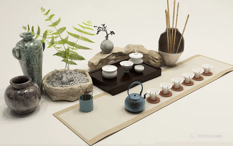 Elegant Tea Set Arrangement With Teapot Cups Wooden Tray And Natural Decor 3d model 