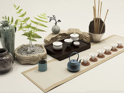 Elegant Tea Set Arrangement With Teapot Cups Wooden Tray And Natural Decor 3d model