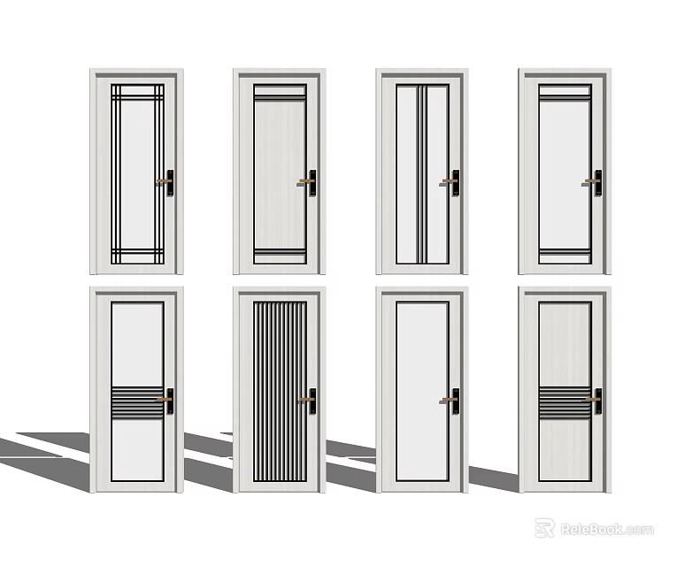 Various Hinged Doors With Different Glass Panel Designs And White Frames 3d model 