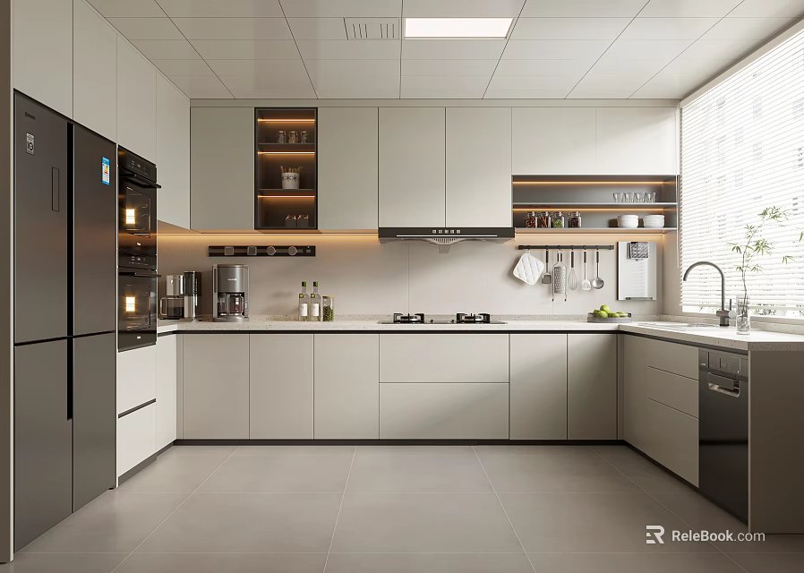 Modern Kitchen Interior With White Cabinets Black Refrigerator Appliances And Bright Lighting 3d model 