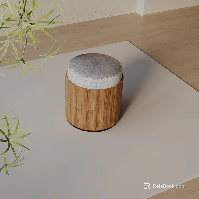 Round Wooden Side Table With Gray Padded Top And Green Plants On Carpet 3d model