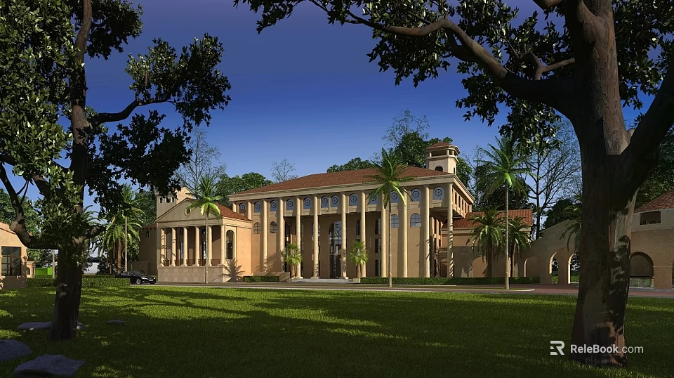 Elegant Detached Villa With Red Roof Columns And Green Lawn Surrounded By Palm Trees 3d model 