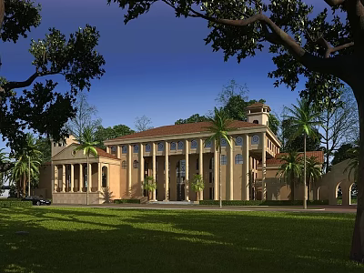 Elegant Detached Villa With Red Roof Columns And Green Lawn Surrounded By Palm Trees 3d model