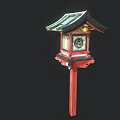 Japanese Style Garden Lantern With Green Roof Red Pillar And Stained Glass Panel