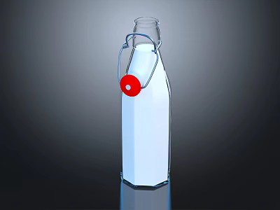 Transparent Glass Bottle With White Liquid Metal Ring And Red Cap Design 3d model