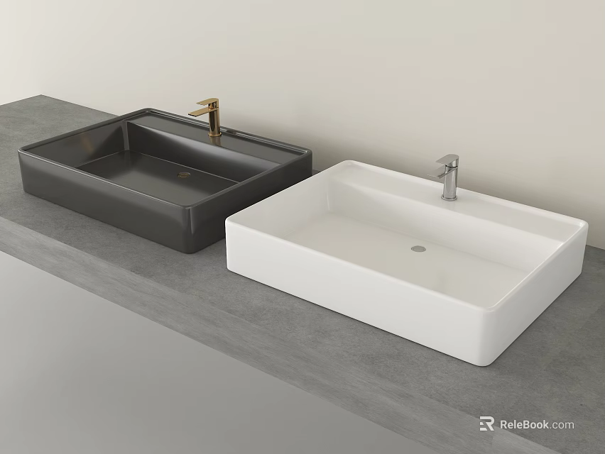 Black and White Rectangular Washbasins on Gray Countertop with Gold and Silver Faucets 3d model 