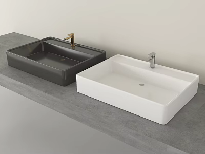 Black and White Rectangular Washbasins on Gray Countertop with Gold and Silver Faucets 3d model